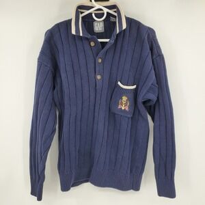 Vintage GAP Mens Blue Ribbed Knit Polo Sweater Crest Logo L Preppy 90s Rugby Ivy